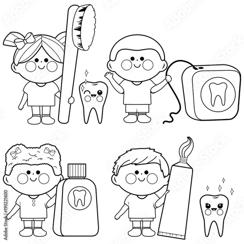 Children dental hygiene set.  Kids with a toothbrush, dental floss and toothpaste. Vector black and white coloring page.