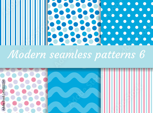 Polka dot, strips wave seamless pattern set. Digital Paper collection, modern style. Scrapbooking Kit. Vector illustration