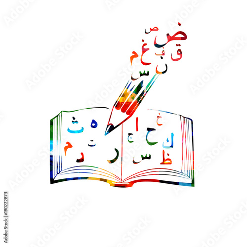 Colorful Arabic Islamic calligraphy symbols with open book vector illustration. Creative writing, education concept background