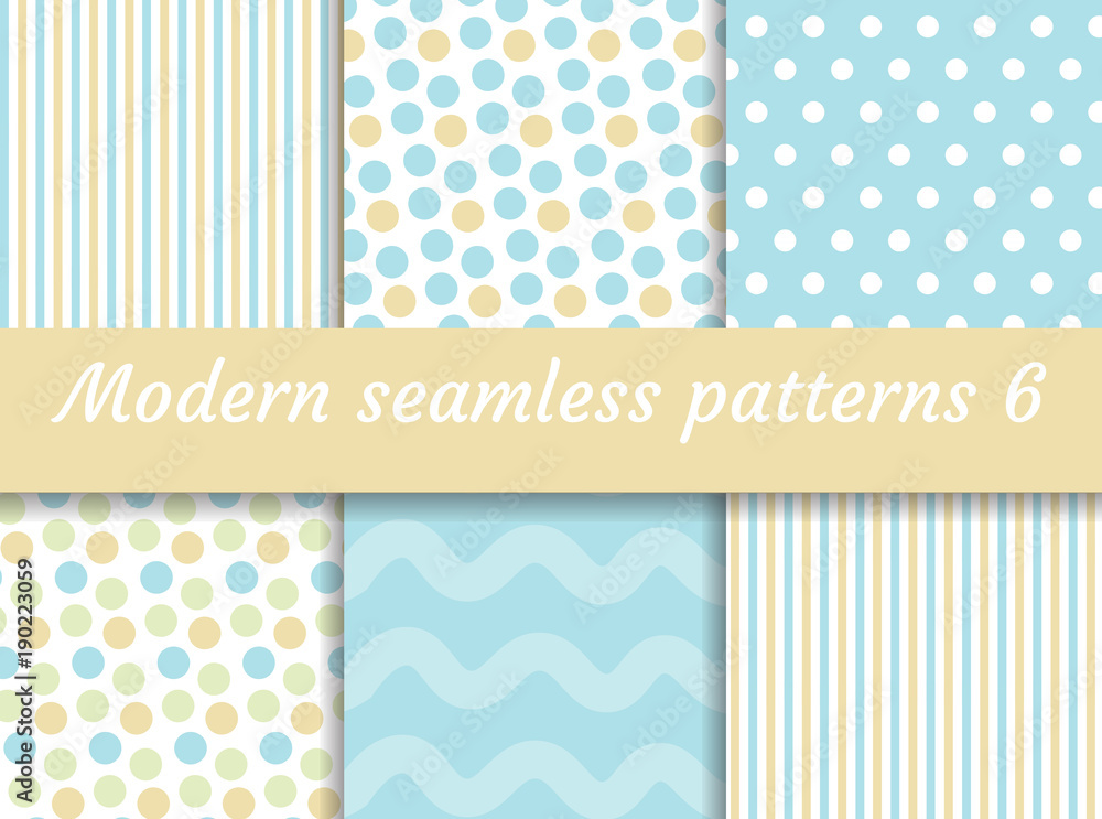 Polka dot, strips wave seamless pattern set. Digital Paper collection, modern style. Scrapbooking Kit. Vector illustration Polka dot, strips wave seamless pattern set. Digital Paper collection, modern style. Scrapbooking Kit. Vector illustration
