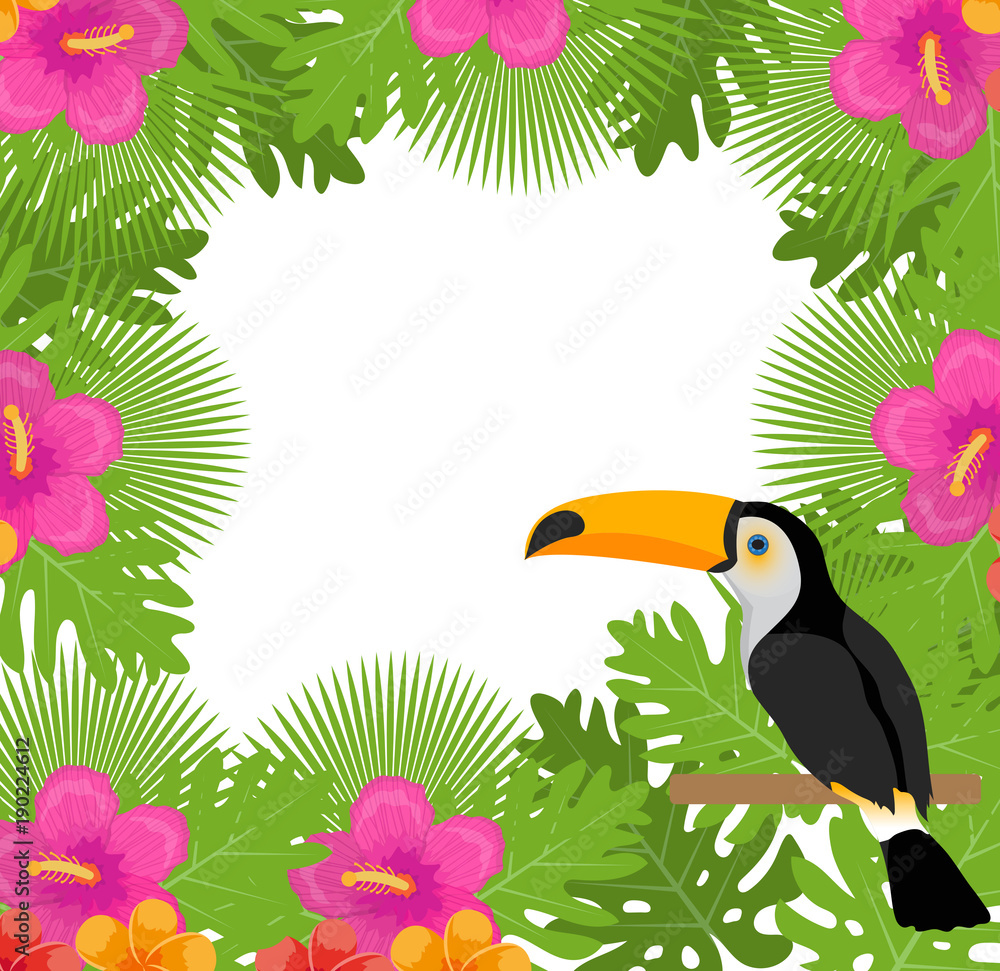 Naklejka premium Tropical frame with flowers, plants and bird toucan. Summer floral template for your design. Exotic background. Vector illustration