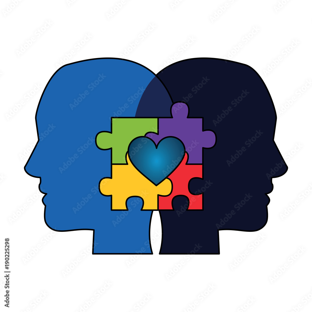 autism awareness day profile heads with puzzle heart vector illustration