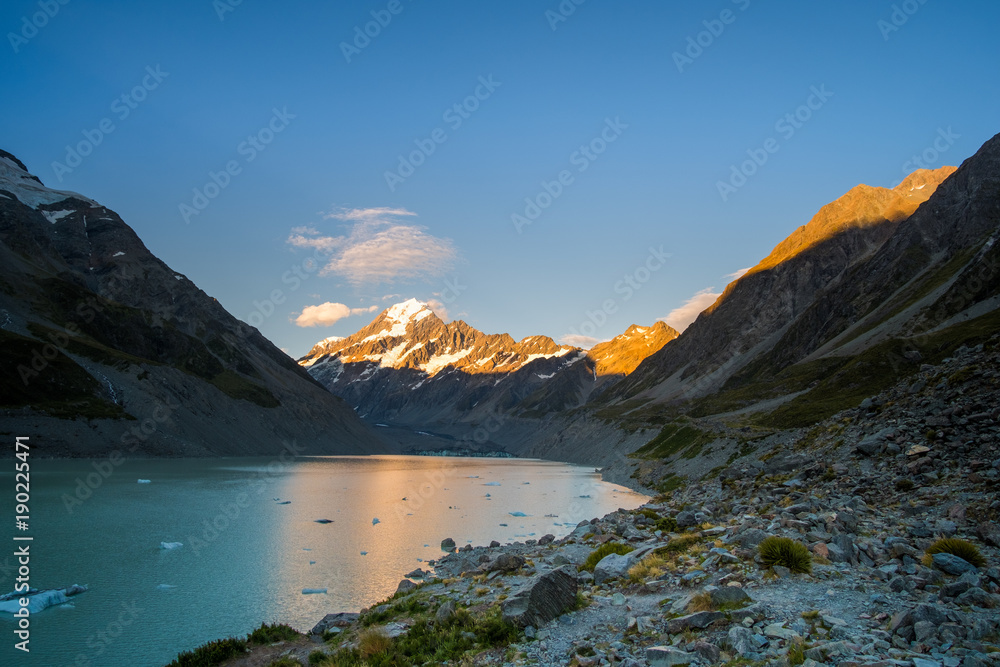 Beautiful scene of Mt Cook before the sunset with Glacier lake and blue sky, Hook Valley Track, South Island, New Zealand