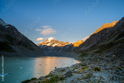 Beautiful scene of Mt Cook before the sunset with Glacier lake and blue sky, Hook Valley Track, South Island, New Zealand