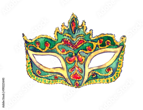 Green carnival mask with golden decoration and red gemstones, isolated hand painted watercolor illustration © ArtoPhotoDesigno