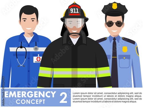 Emergency concept. Detailed illustration of firefighter, doctor and policeman standing together in flat style on white background. Vector illustration.
