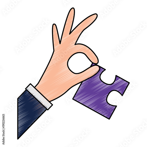 hand holding piece puzzle jigsaw vector illustration drawing color design