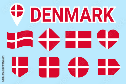 Denmark flag vector set. Collection of danish national flags. Flat isolated icons. Country name in traditional colors. Illustration. Web, sports pages, travel, geographic, cartographic design elements