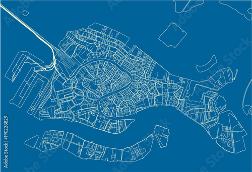 Blue and White vector city map of Venice with well organized separated layers.