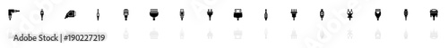 Plug icons - Black horizontal Illustration symbol on White Background with a mirror Shadow reflection. Flat Vector Icon.