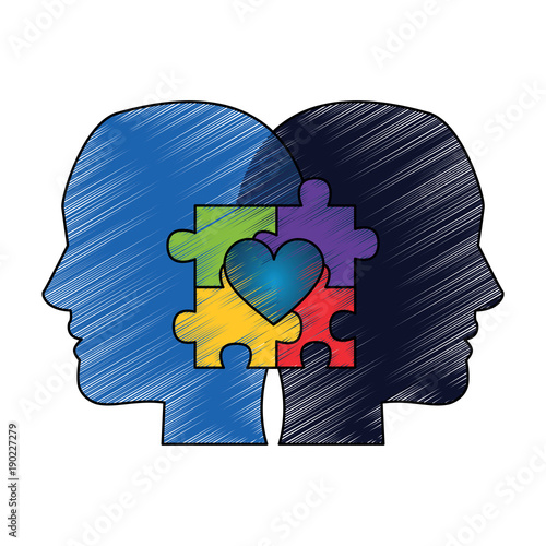 autism awareness day profile heads with puzzle heart vector illustration drawing color design
