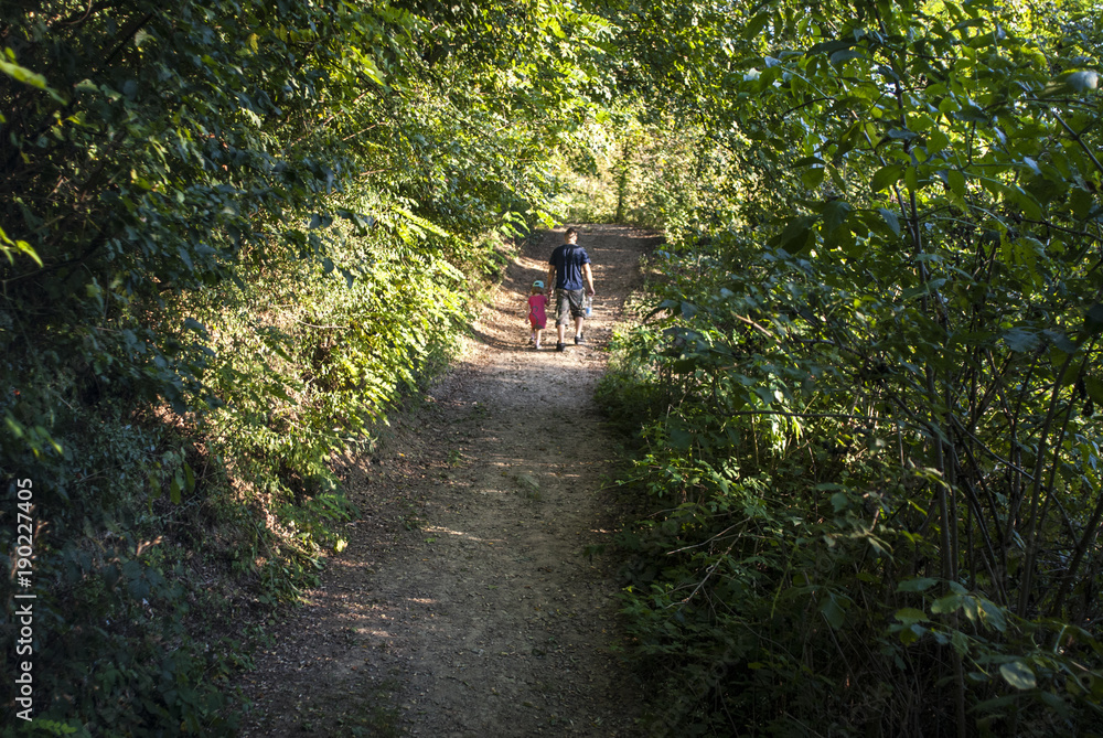 Father and daughter walking in the woods Father and daughter walking in the woods