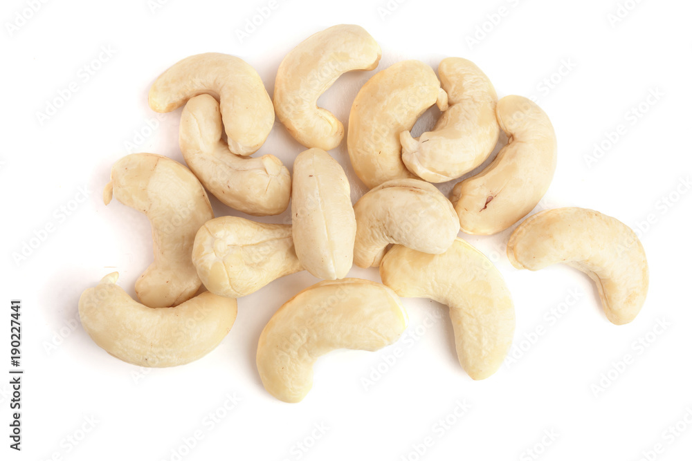 cashew nuts isolated on white background. top view. Flat lay cashew nuts isolated on white background. top view. Flat lay