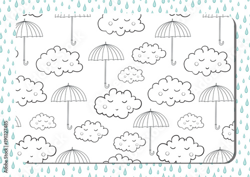 Coloring book. A4 horizontal page with cute cartoon umbrellas and sleeping clouds.