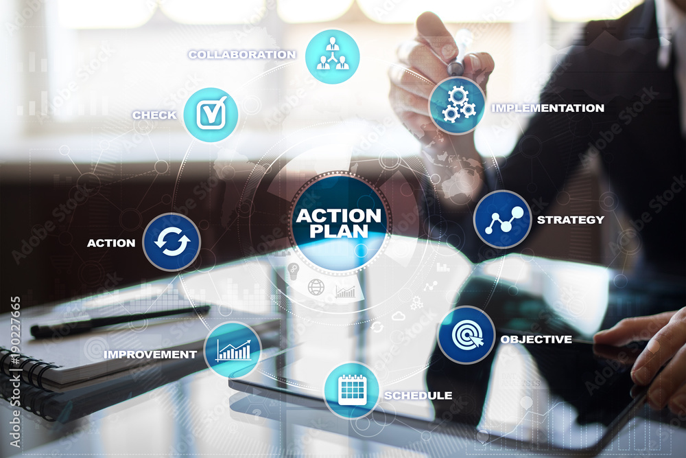 Fototapeta premium Action plan on the virtual screen. Planning concept. Business strategy.
