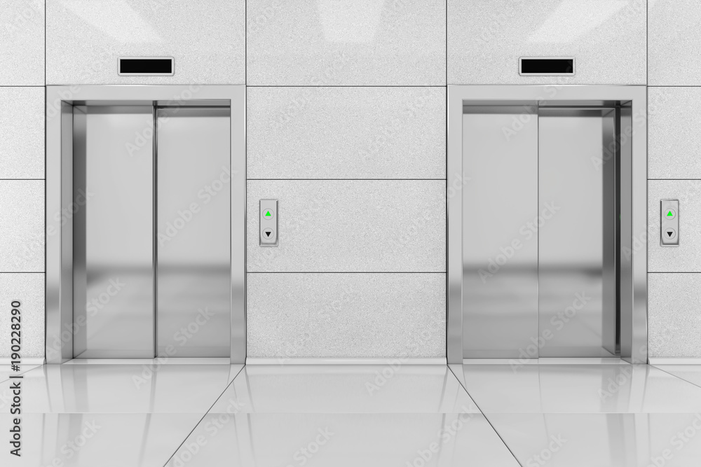 Two Modern Elevator or Lift with Metal Doors in Office Building. 3d Rendering