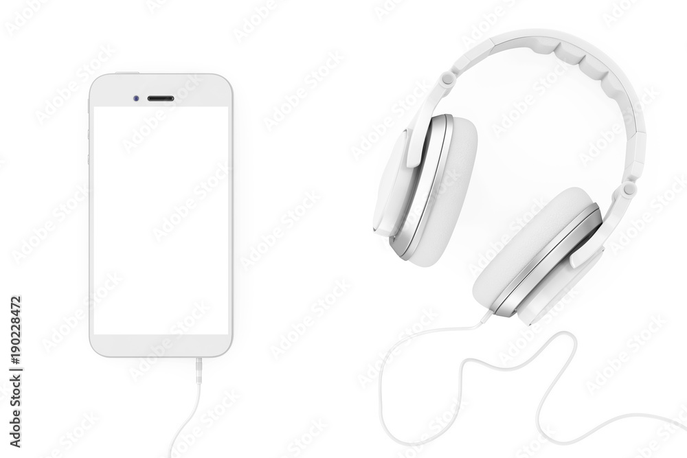 Fototapeta premium Headphones near Mobile Phone with Blank Touchscreen for Yours Design. 3d Rendering