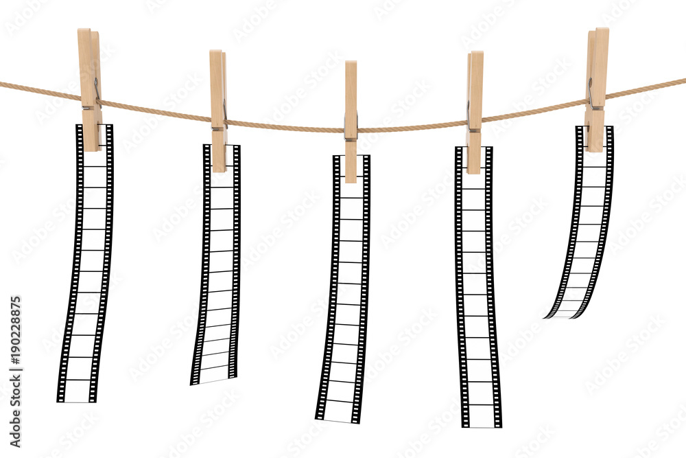 Blank and Empty Films Hanging on Rope by Wooden Clothespins. 3d Rendering Blank and Empty Films Hanging on Rope by Wooden Clothespins. 3d Rendering