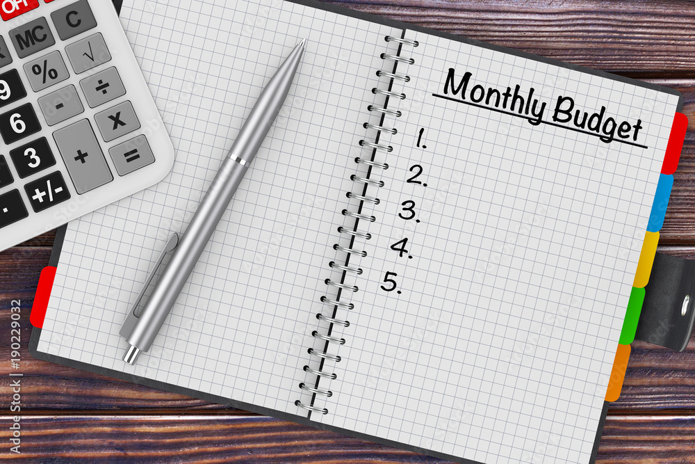 Monthly Budget Planning Concept. Calculator, Pen and Organizer with Monthly Budget Plan. 3d Rendering Monthly Budget Planning Concept. Calculator, Pen and Organizer with Monthly Budget Plan. 3d Rendering