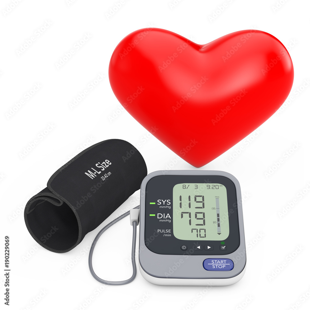 Φωτογραφία Red Heart near Modern Digital Blood Pressure Measurement Monitor Equipment