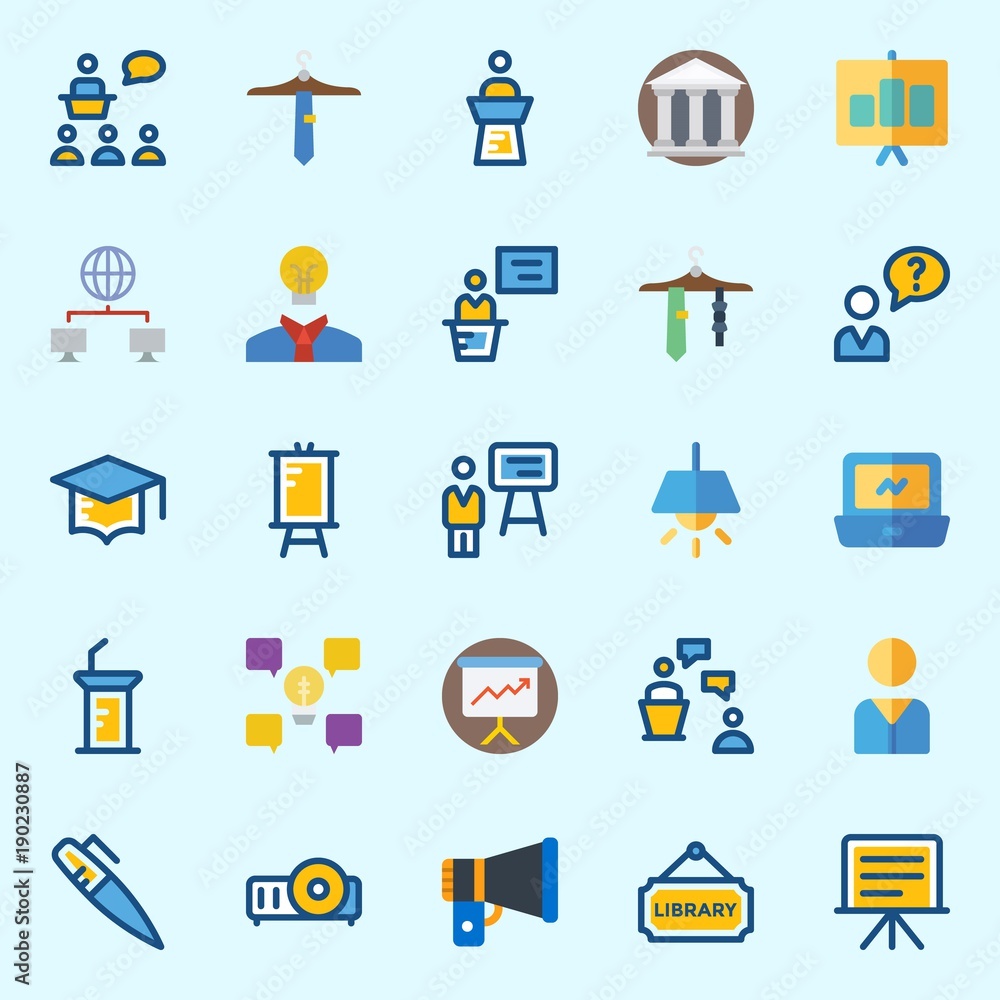 Icons set about School And Education with library, megaphone, lamp, tie, projector and pen Icons set about School And Education with library, megaphone, lamp, tie, projector and pen