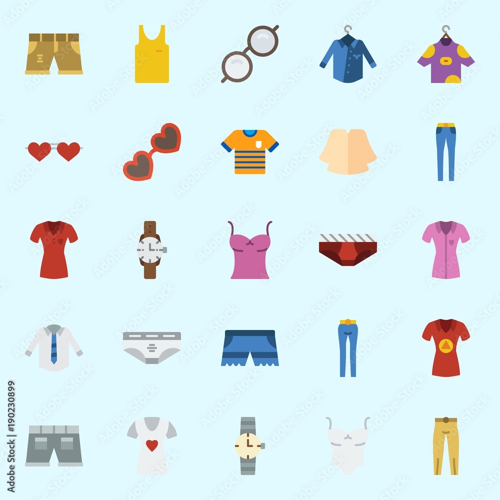 Icons set about Man Clothes with watch, sleeveless, sunglasses, short, shirt and trousers