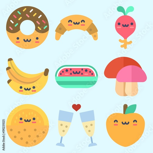 Icons set about Food with radish, toast, mushroom, croissant, melon and watermelon