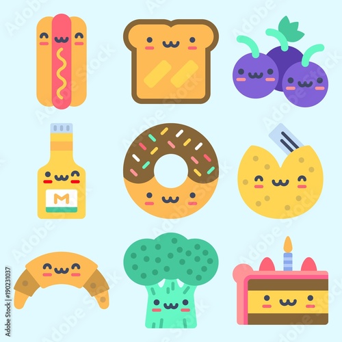 Icons set about Food with broccoli, mustard, hot dog, fortune cookie, croissant and grapes