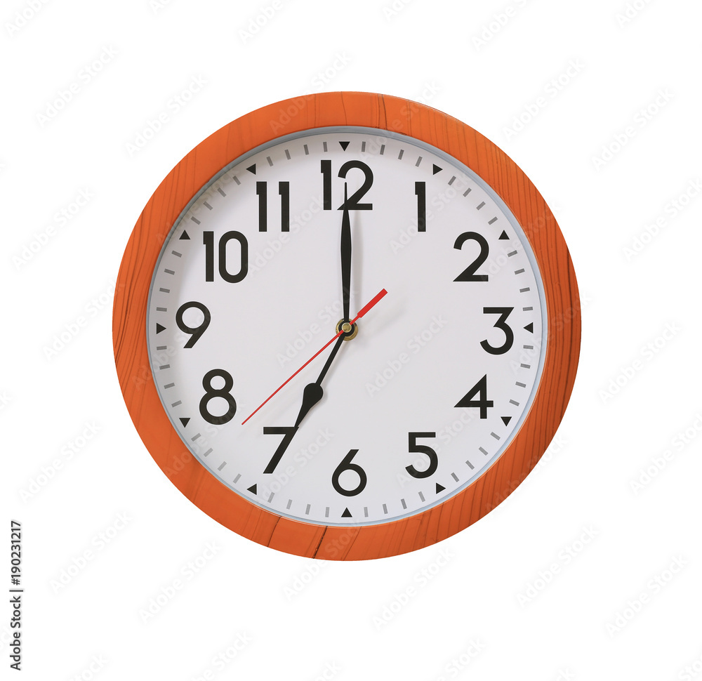 clock of pattern brown wood in seven o'clock isolated on white background. clock of pattern brown wood in seven o'clock isolated on white background.