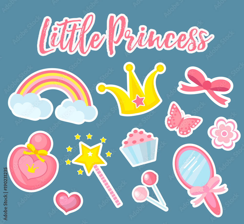 Little princess set of modern fashionable stickers, patches badges. Cute, pink accessories collection with mirror, perfume, rainbow, flowers, crown, magic wand. Vector illustration