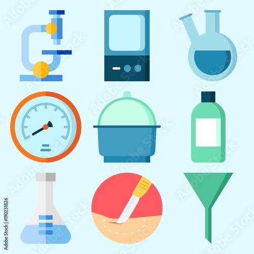 Icons set about Laboratory with jar, microscope, lab, surgery, velocity and crucible