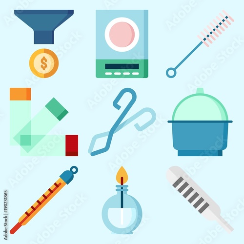 Icons set about Laboratory with burner, thermometer, lab, measuring, separator funnel and crucible
