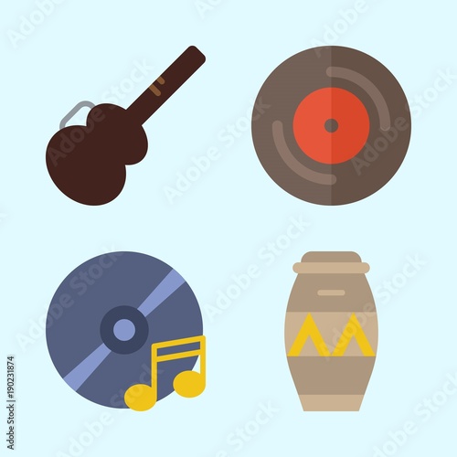 Icons set about Music with compact disc, guitar protector, vinyl, cd and drum