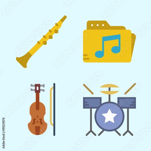Icons set about Music with oboe  drum set  music folder and violin