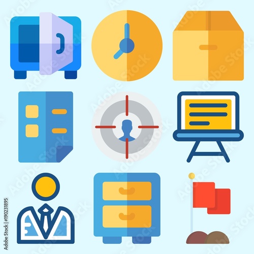 Icons set about Business with list, target, cabinet, safebox, box and flag