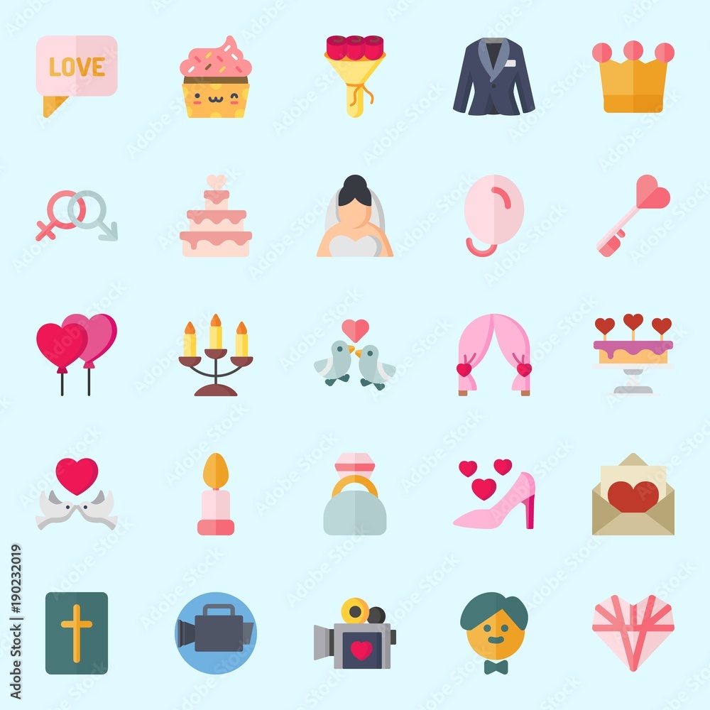 Icons set about Wedding with engagement ring, wedding cake, bride, love, key and balloons Icons set about Wedding with engagement ring, wedding cake, bride, love, key and balloons
