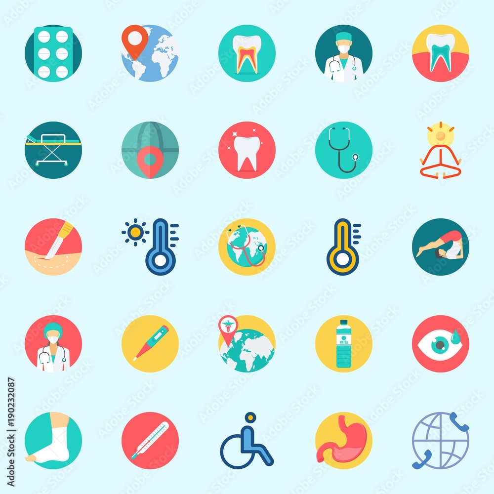 Icons set about Medical with stretcher, yoga, thermometer, water, visibility and surgeon Icons set about Medical with stretcher, yoga, thermometer, water, visibility and surgeon