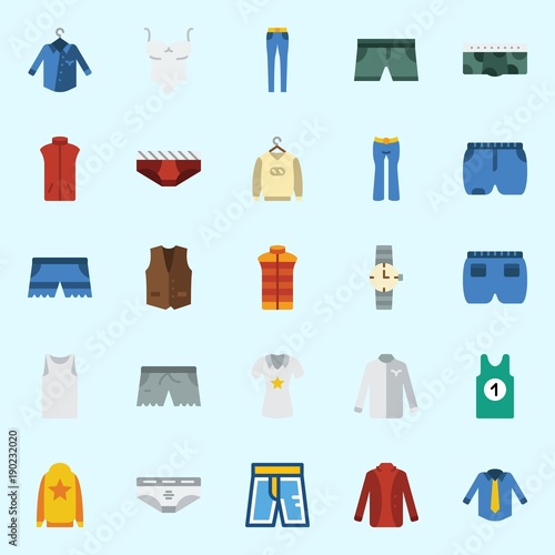 Icons set about Man Clothes with vest, shirt, watch, short, sleeveless and sweater