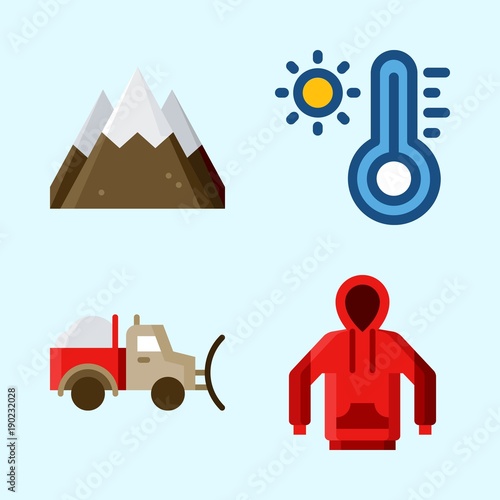 Icons set about Winter with mountain, thermometer, snowplow and hoodie