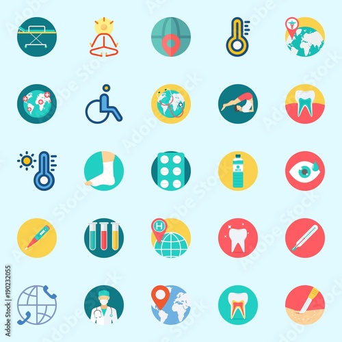 Icons set about Medical with teeth, mystical, thermometer, tooth, sprain and visibility