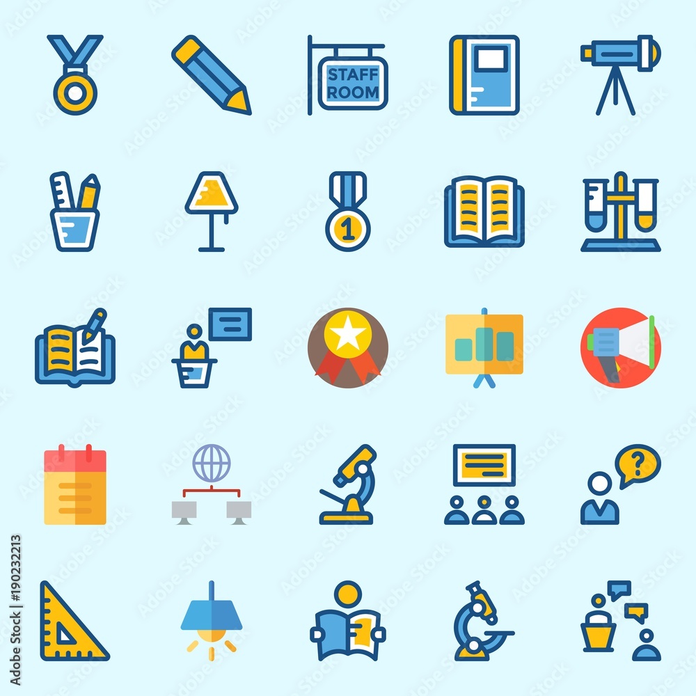 Icons set about School And Education with set square, presentation, pencil, notebook, medal and studying Icons set about School And Education with set square, presentation, pencil, notebook, medal and studying