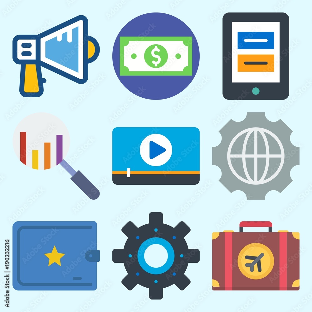Icons set about Commerce with money, video player, settings, search, megaphone and suitcase Icons set about Commerce with money, video player, settings, search, megaphone and suitcase