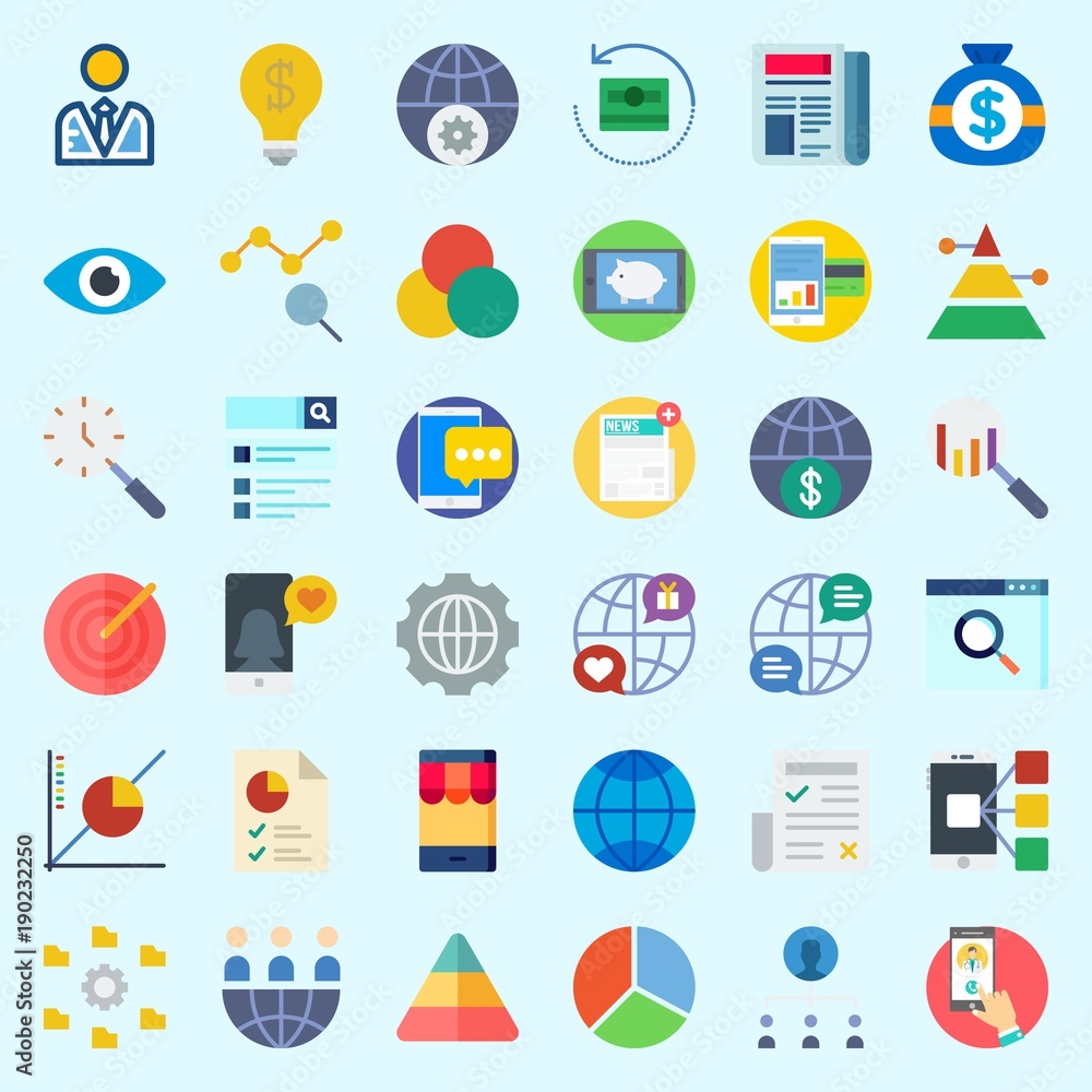 Icons set about Marketing with rgb, search, smartphone, internet, newspaper and pyramid