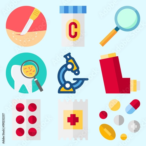 Icons set about Medical with band aid, tooth, medicine, surgery, microscope and loupe