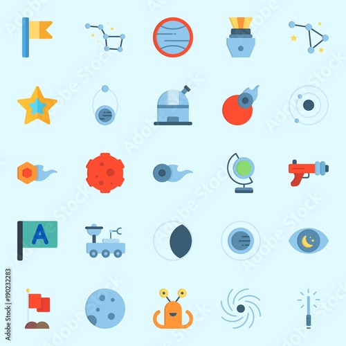 Icons set about Universe with moon rover, meteorite, observatory, comet, flag and blaster