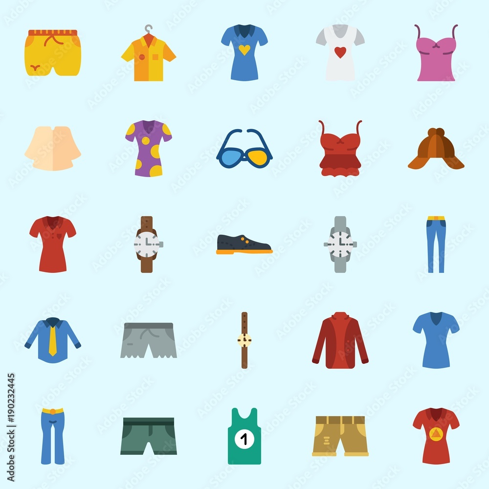 Icons set about Man Clothes with trousers, sunglasses, shirt, watch, cap and short Icons set about Man Clothes with trousers, sunglasses, shirt, watch, cap and short