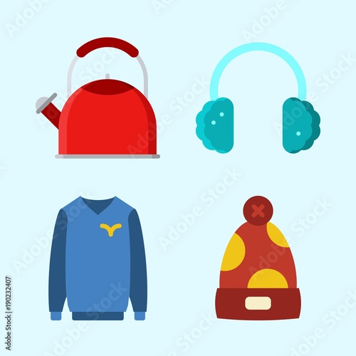 Icons set about Winter with winter hat, earmuffs, sweater and kettle