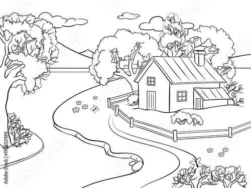 Summer landscape coloring book vector
