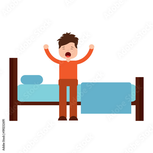 young man waking up sitting on bed with arms stretched vector illustration