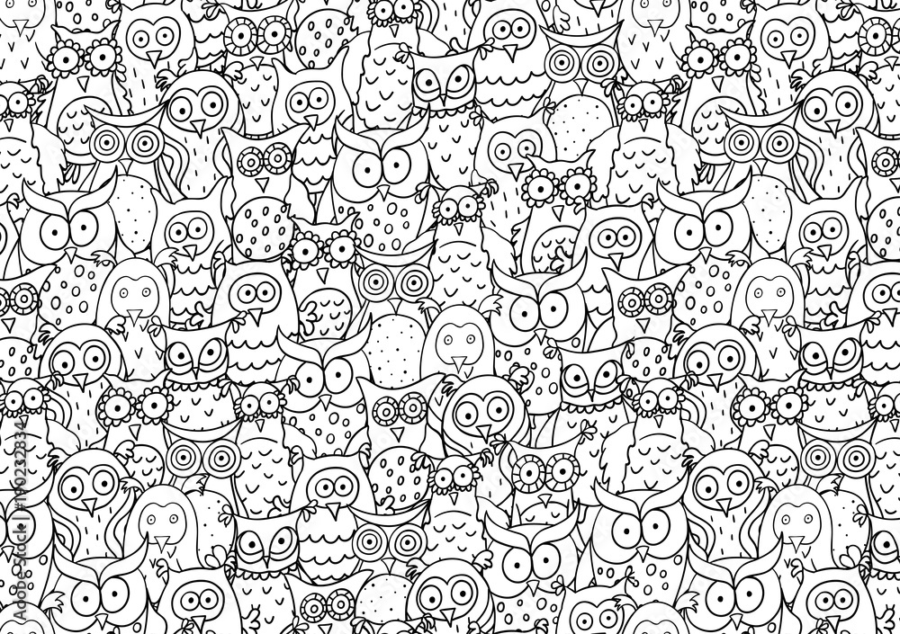 Horizontal pattern with funny cartoon different owls.